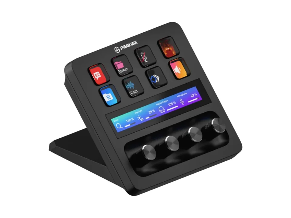 Black Elgato Stream Deck + with eight lit LCD keys, a touch strip and four dials on its angled stand