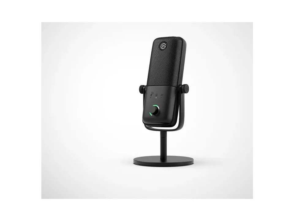 Black Elgato Wave:3 MK.2 USB microphone on its desk stand, three-quarter view