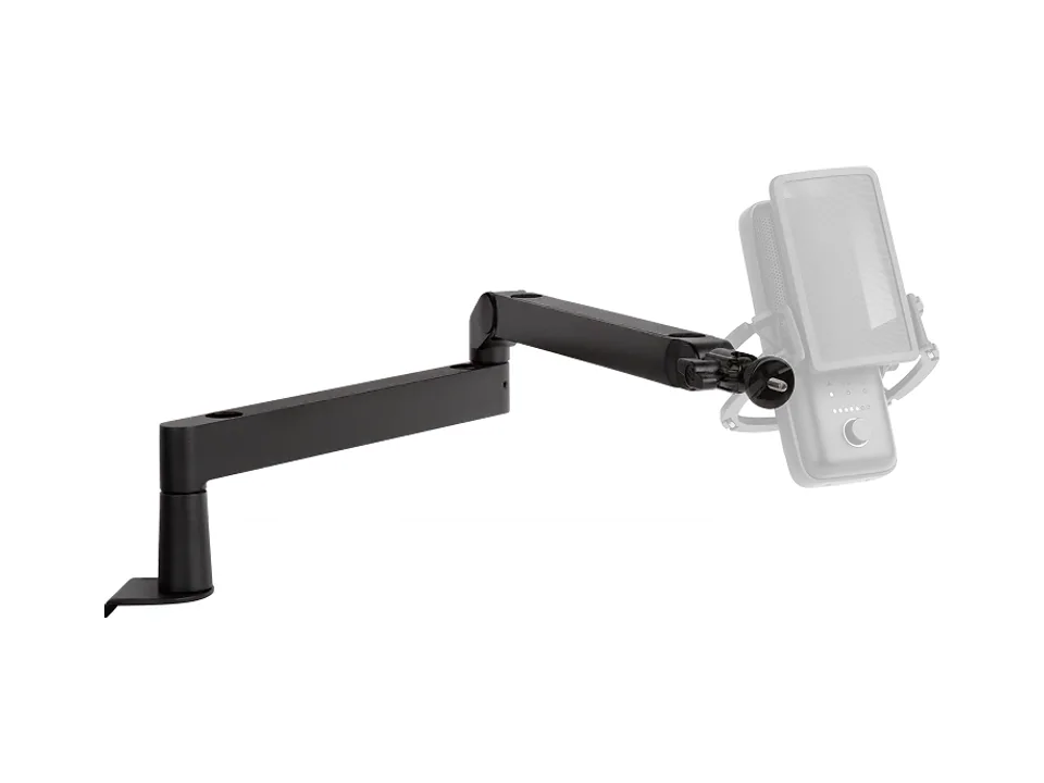 Black Elgato Wave Mic Arm LP low-profile boom arm, shown with a faded microphone attached
