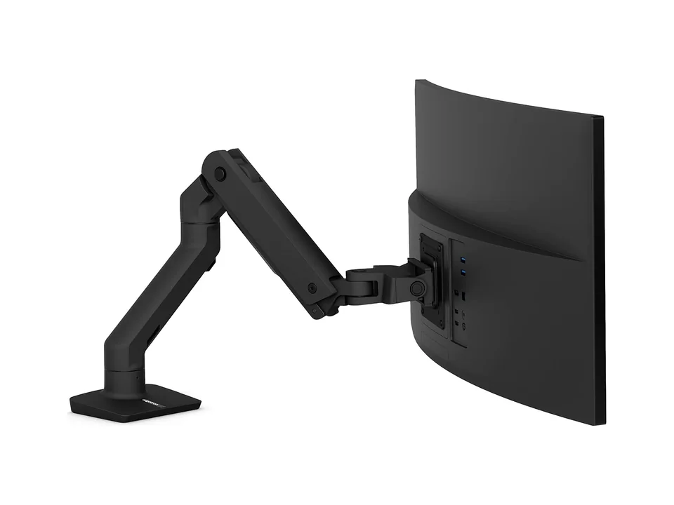 Matte black Ergotron HX monitor arm holding a curved ultrawide monitor (not included), side view