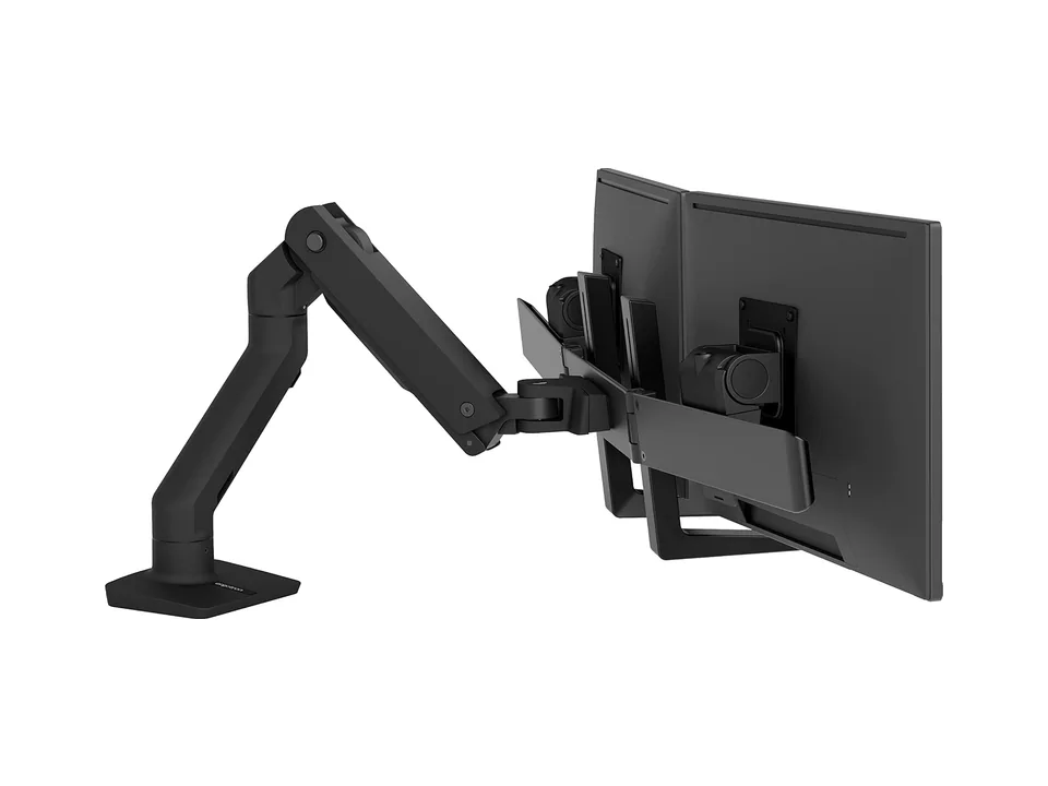Matte black Ergotron HX dual monitor arm holding two monitors (not included) on a hinged bow, side three-quarter view