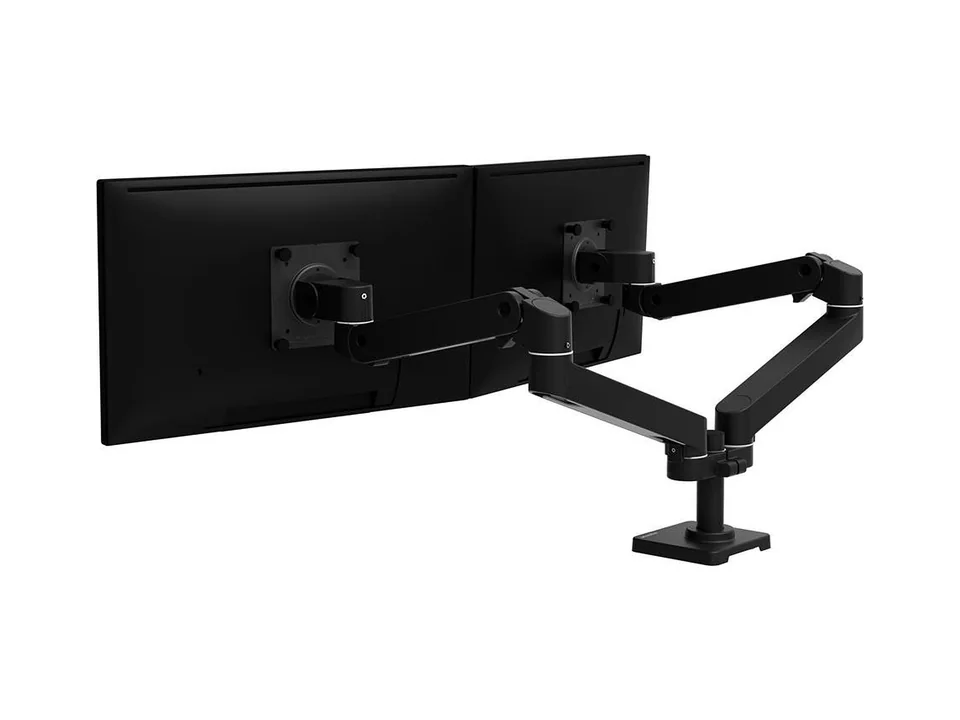 Matte black Ergotron LX Pro dual side-by-side arm holding two monitors, rear three-quarter view