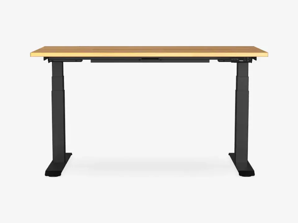 FlexiSpot E7 standing desk with a black frame and a maple laminate top, front view