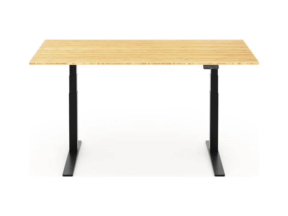 FlexiSpot E7 Pro standing desk with a black frame and a light bamboo top, front view