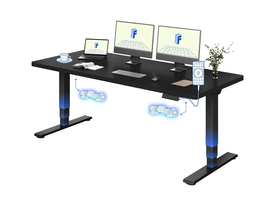 Black FlexiSpot EC5 Plus standing desk with a 180 cm one-piece top and two monitors, front three-quarter view