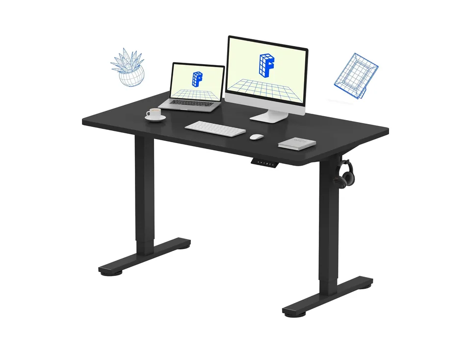 Bureau assis-debout électrique FlexiSpot EN1 noir avec plateau monobloc, vue de trois quarts