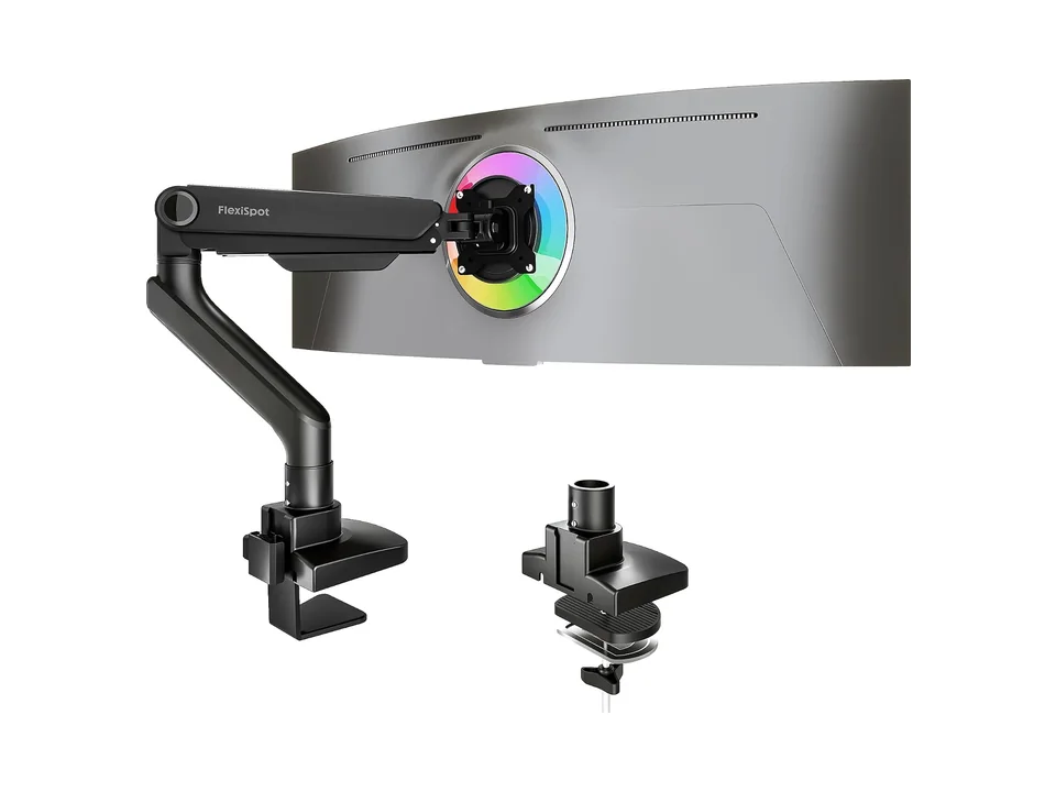 Brazo para monitor ultrapanorámico FlexiSpot negro de muelle de gas con un monitor curvo, con abrazadera y base pasacables