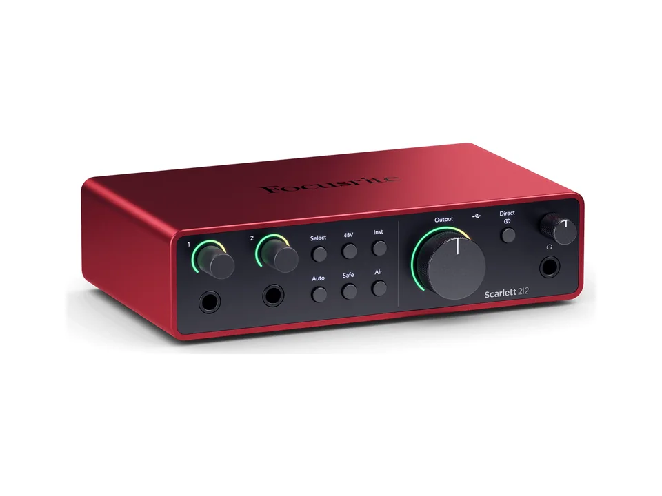 Red Focusrite Scarlett 2i2 4th Gen audio interface with two gain knobs and a large output knob, three-quarter view