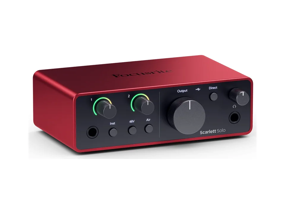 Red Focusrite Scarlett Solo 4th Gen audio interface with two gain knobs and a large output knob
