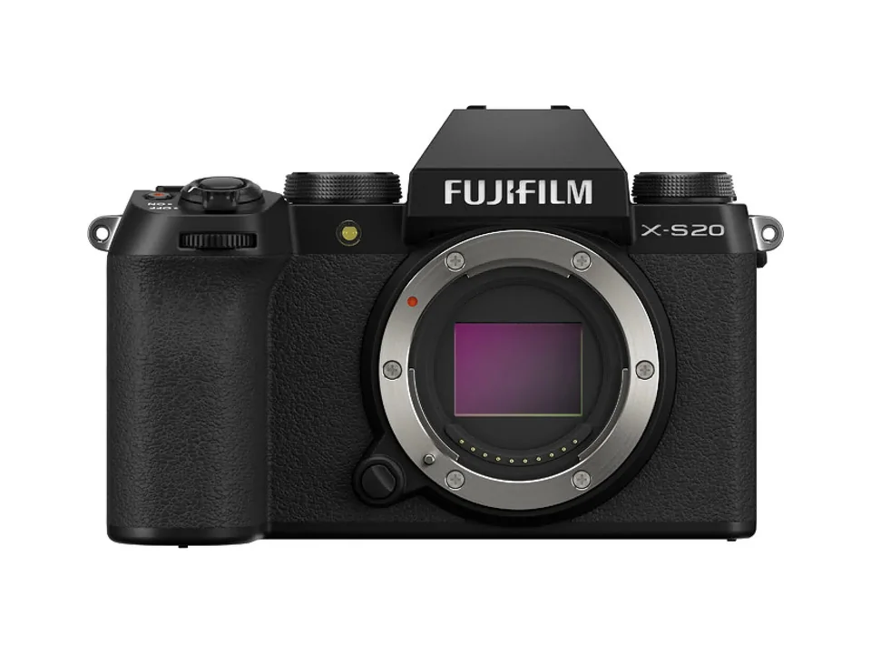 Black Fujifilm X-S20 mirrorless camera body, front view without a lens
