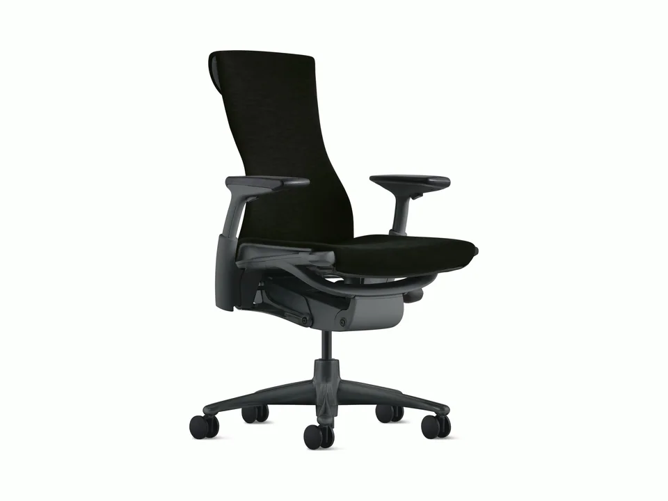 Herman Miller Embody office chair in black fabric with a Graphite frame, three-quarter front view