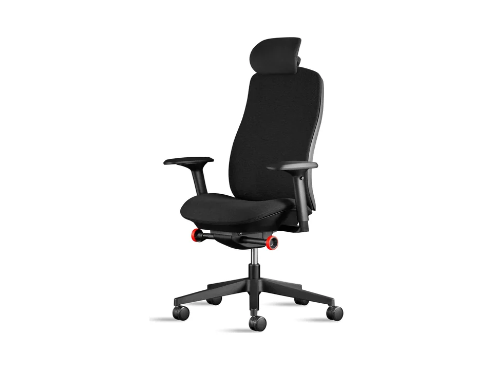 Herman Miller x Logitech G Vantum gaming chair in Obsidian black with headrest, front three-quarter view
