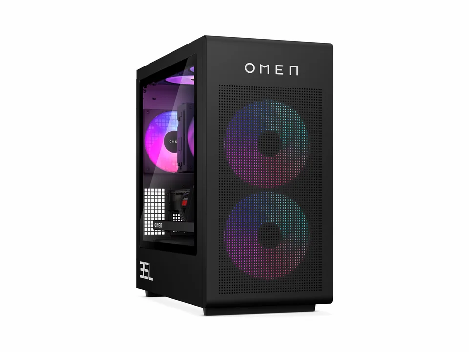 HP OMEN 35L black tower with glass side panel and RGB fans, seen from the front right