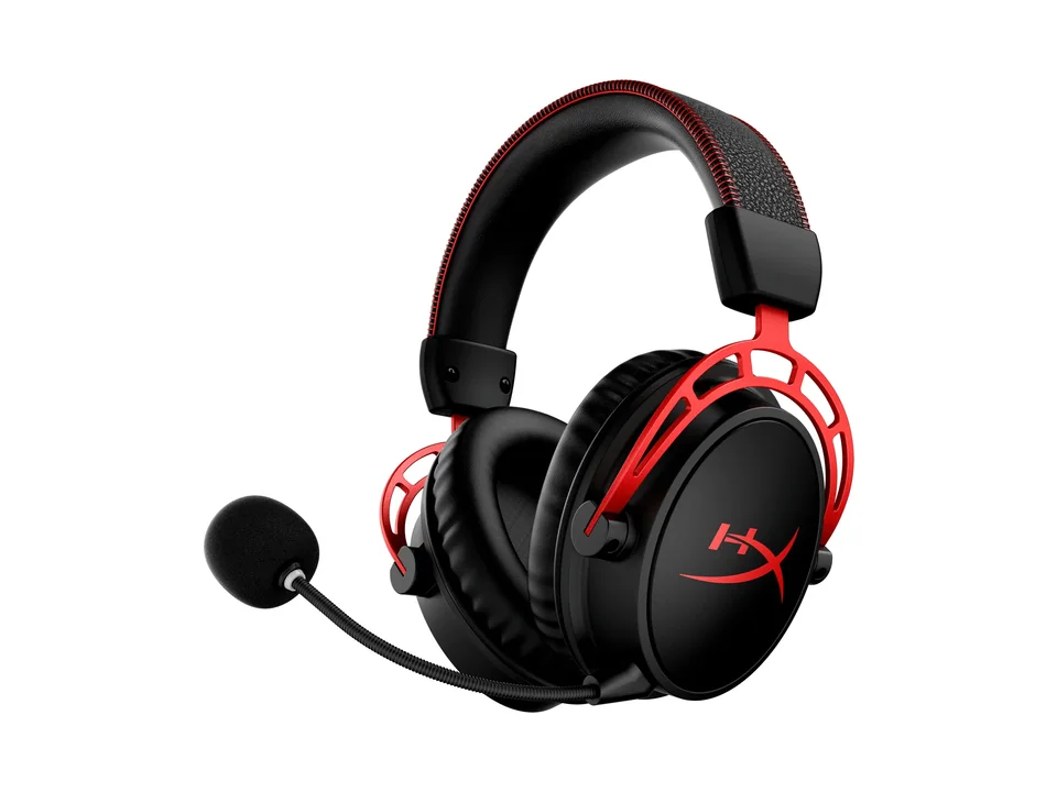 Black and red HyperX Cloud Alpha Wireless headset with its detachable mic, three-quarter view