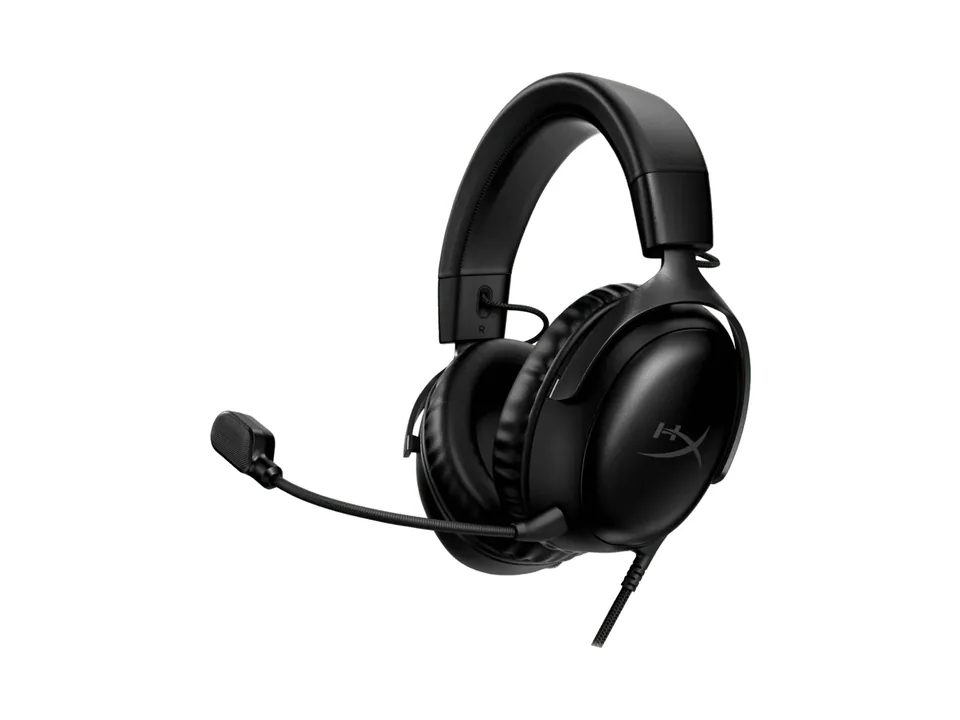 Black HyperX Cloud III wired headset with its detachable boom mic, three-quarter view