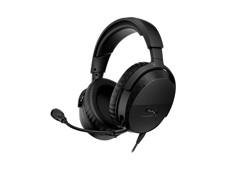Casque filaire HyperX Cloud Stinger 3 noir avec son micro perche, vu de trois quarts