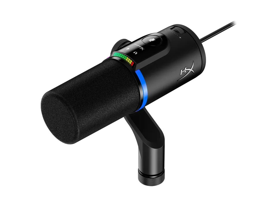 Black HyperX FlipCast dynamic microphone on its swivel mount with a lit LED ring and level meter