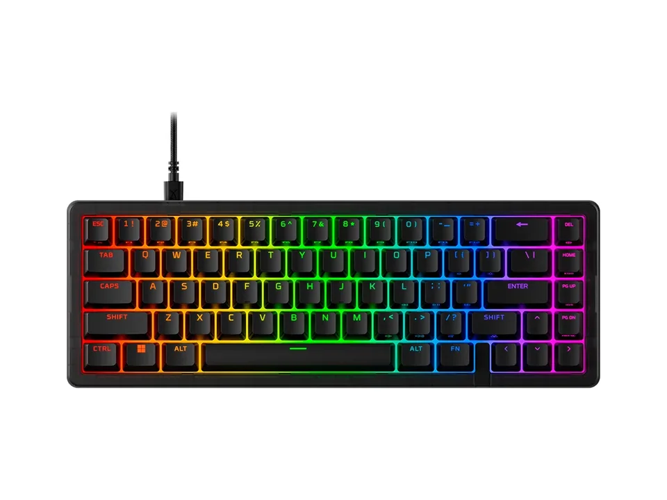 HyperX Origins 2 65 keyboard in black with rainbow RGB lighting and its cable, top view on a white background