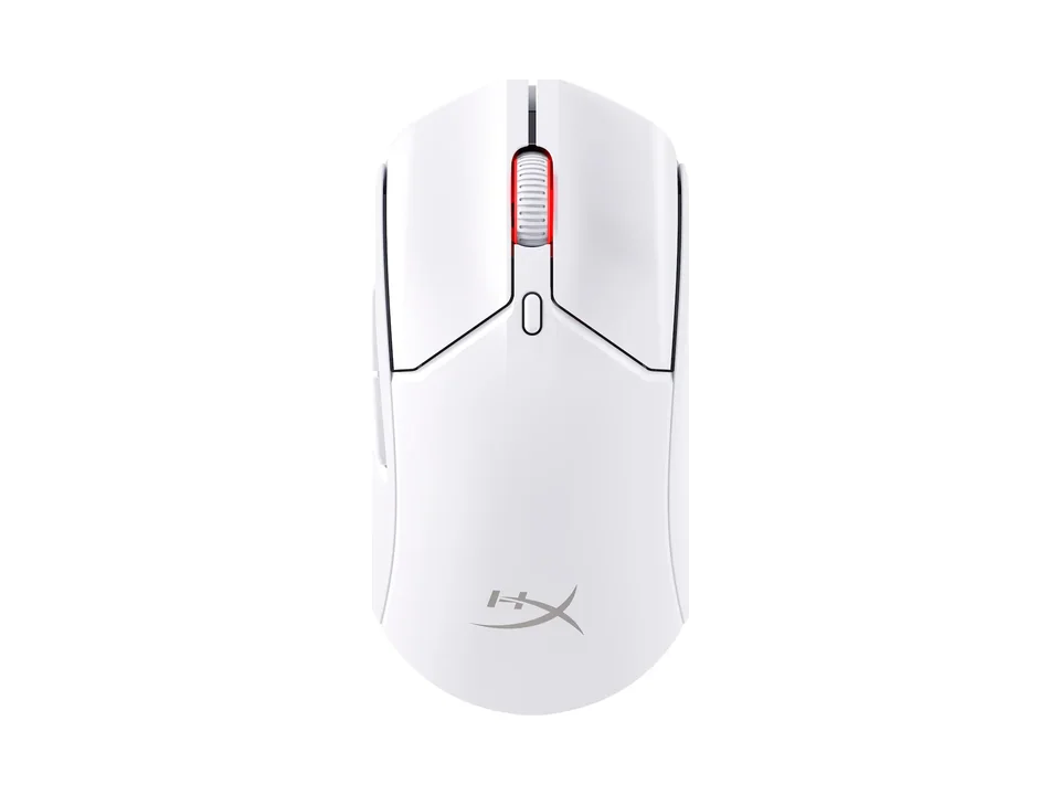 Ratón HyperX Pulsefire Haste 2 Wireless en blanco con la rueda iluminada en rojo, vista superior sobre fondo blanco
