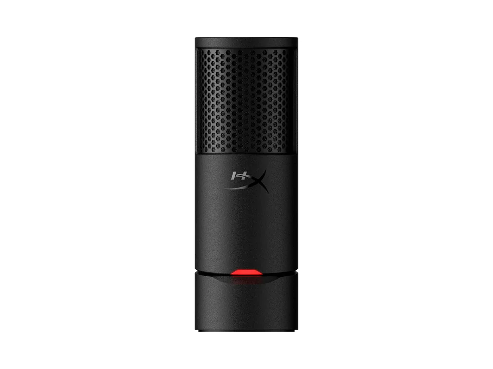 Black HyperX SoloCast 2 USB microphone standing upright, front view