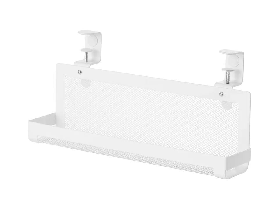 White IKEA FÖRSÄSONG steel mesh cable management tray with two desk clamps