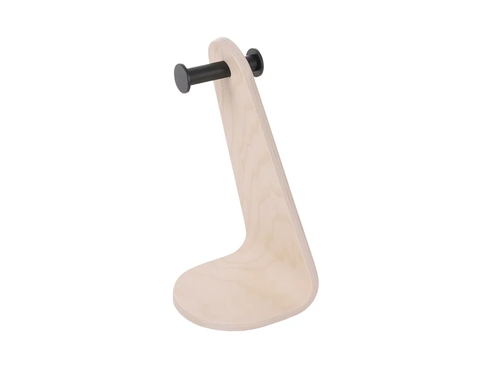 Support de casque IKEA LÅNESPELARE en placage frêne clair avec crochet en aluminium noir, sur fond blanc