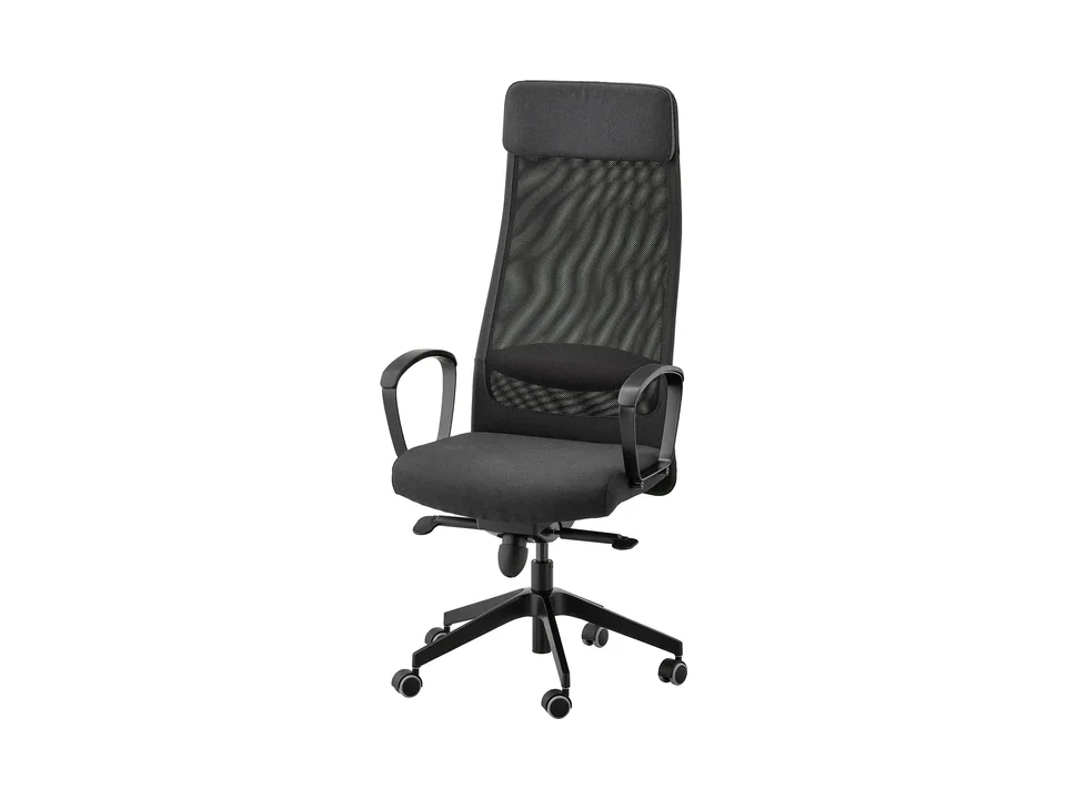 IKEA MARKUS office chair in Vissle dark gray with a mesh back and headrest, front three-quarter view