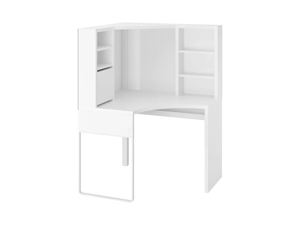 Poste de travail d'angle IKEA MICKE blanc avec sur-meuble à tablettes des deux côtés, vue de trois quarts
