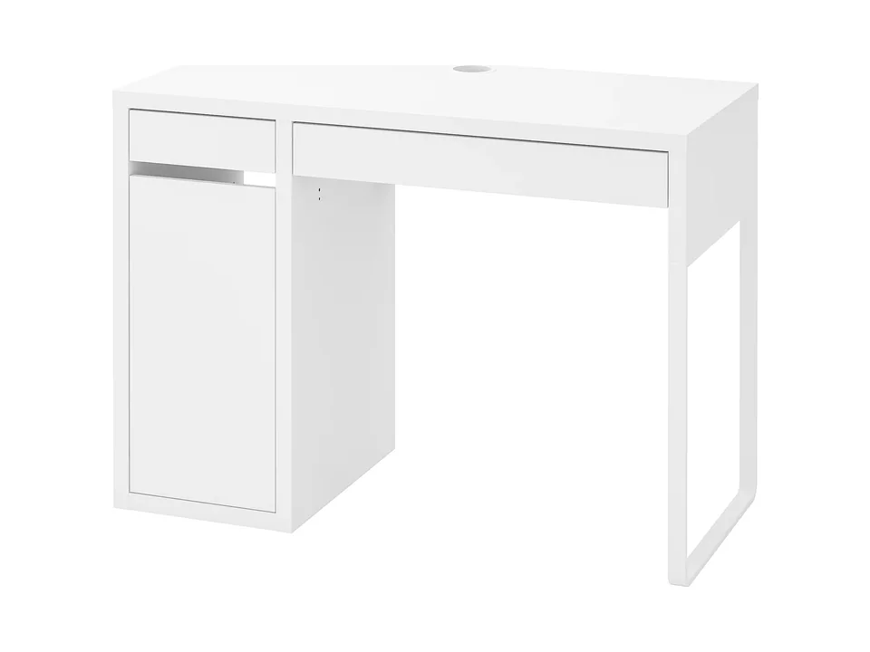 White IKEA MICKE desk with a drawer and a storage cabinet on the left, front three-quarter view