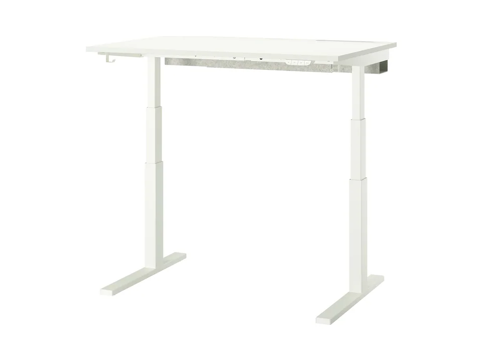 White IKEA MITTZON electric sit/stand desk, three-quarter view