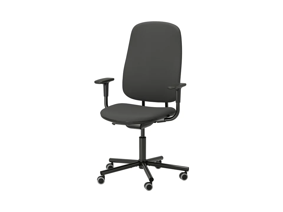 IKEA SMÖRKULL office chair in Gräsnäs dark gray fabric with armrests and black base, front three-quarter view