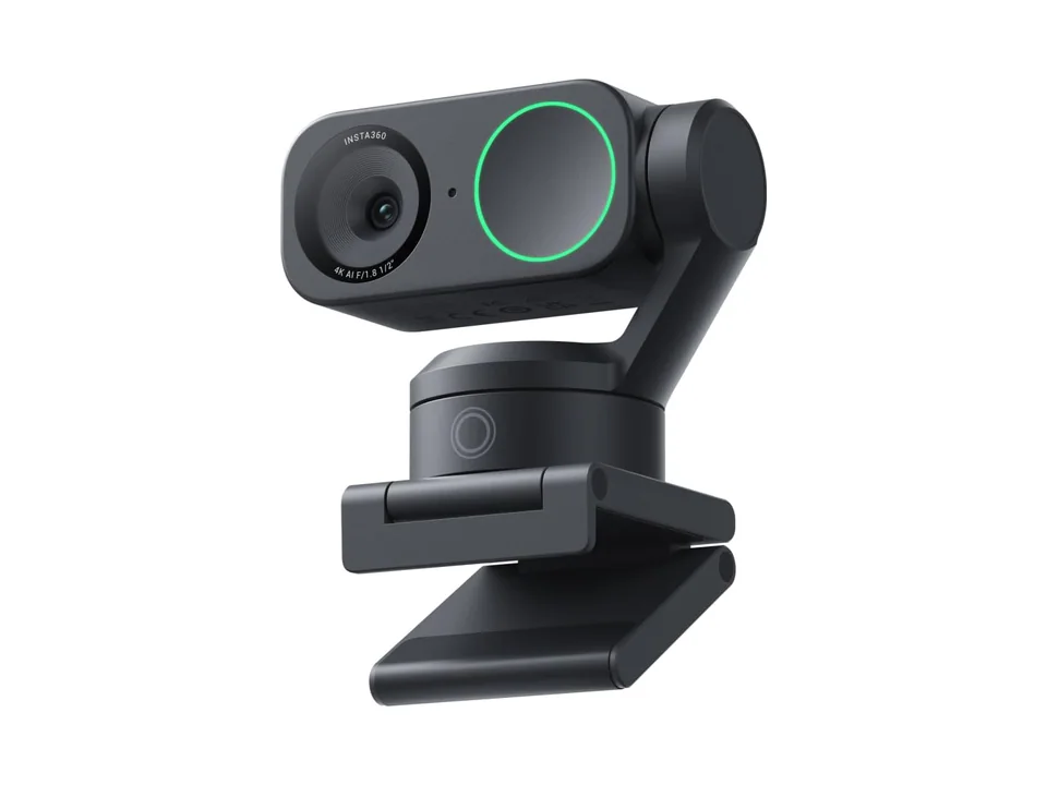 Black Insta360 Link 2 gimbal webcam on its magnetic mount