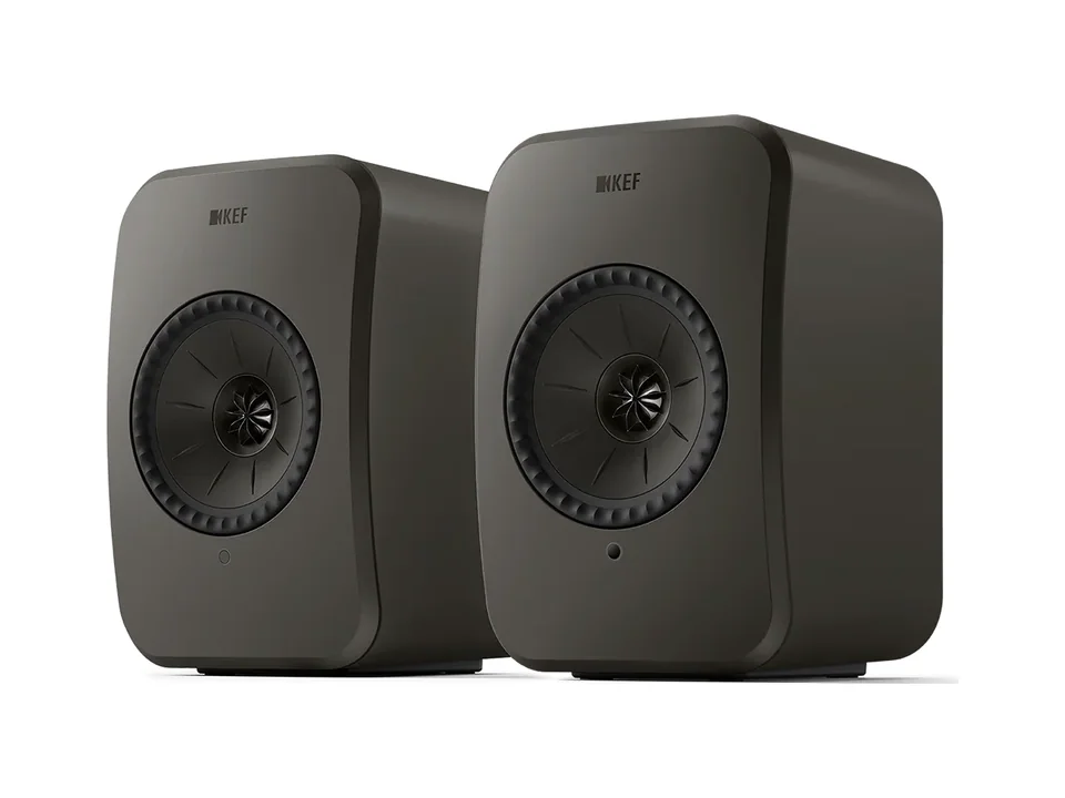 Pair of KEF LSX II LT speakers in Graphite Grey showing the Uni-Q drivers