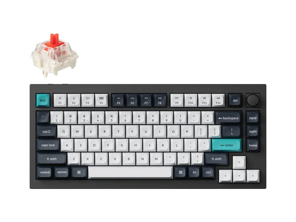 Keychron Q1 Max in black with white and grey keycaps and a red switch, top view on a white background