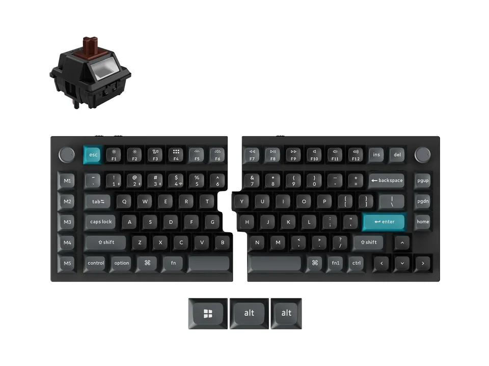 Black Keychron Q11 Ultra 8K split keyboard, two halves with knobs, a brown switch and spare keycaps, top view on a white background