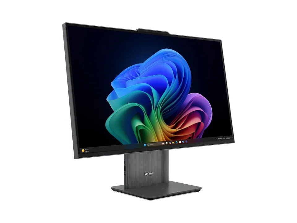 Lenovo IdeaCentre AIO 27IPH11 in Luna Grey with colourful wallpaper, seen at an angle