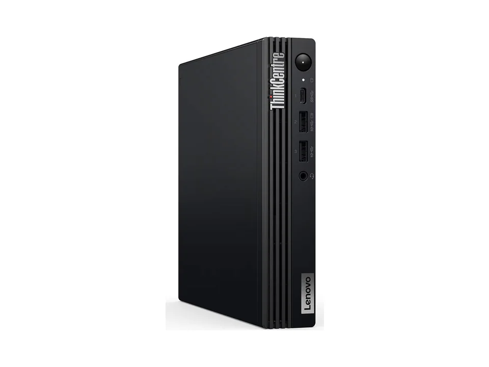Black Lenovo ThinkCentre M70q Gen 5 mini PC standing upright, front ports visible