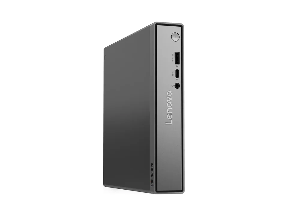 Black Lenovo ThinkCentre neo 50q Gen 5 mini PC standing upright, front ports visible