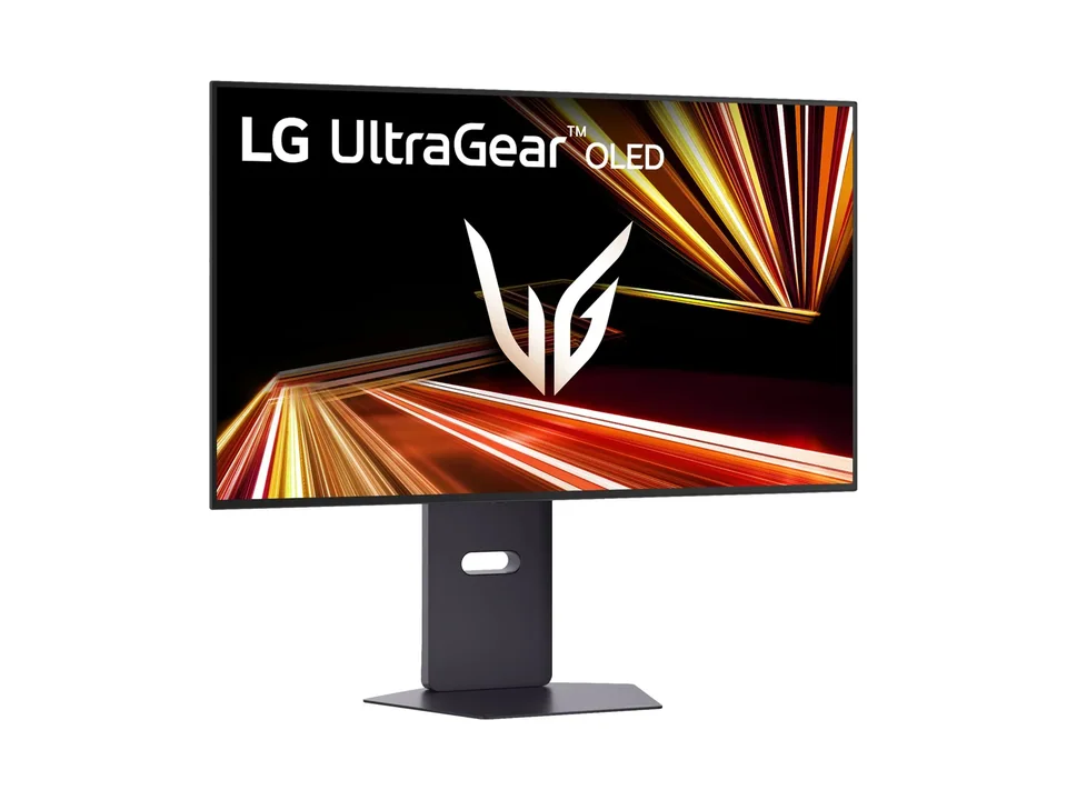 LG UltraGear 32GX850A-B OLED monitor on its grey stand, seen at an angle