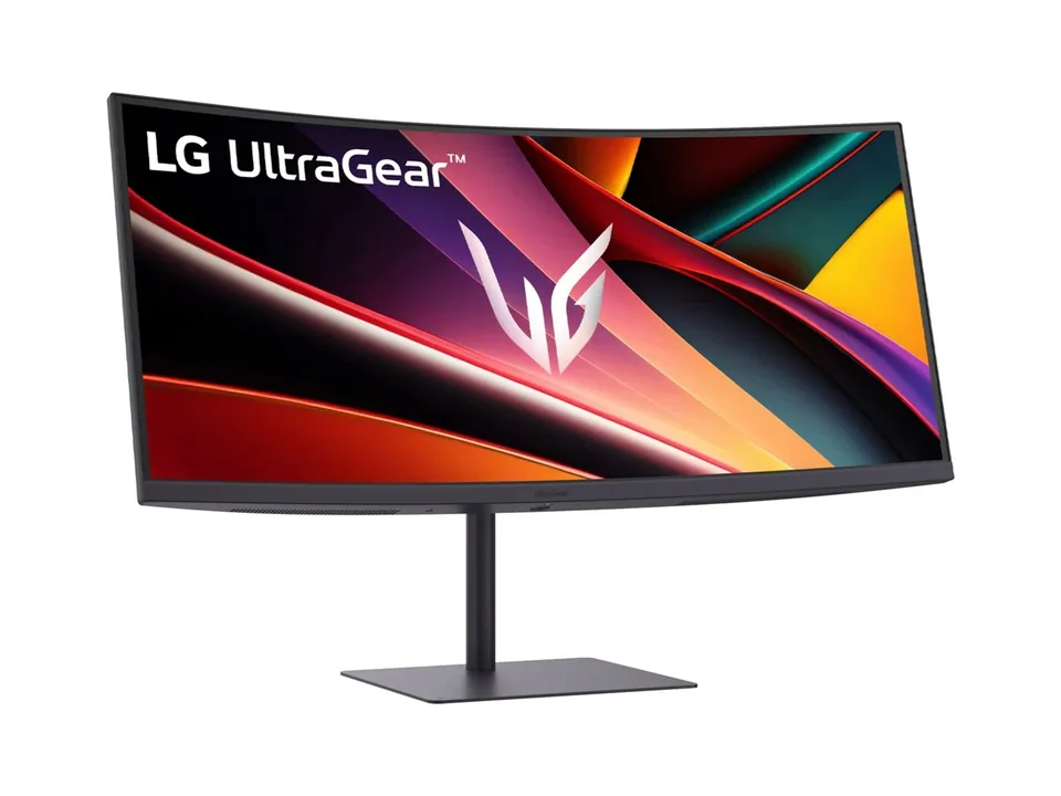 LG UltraGear 34G630A-B curved ultrawide monitor on its stand, seen at an angle