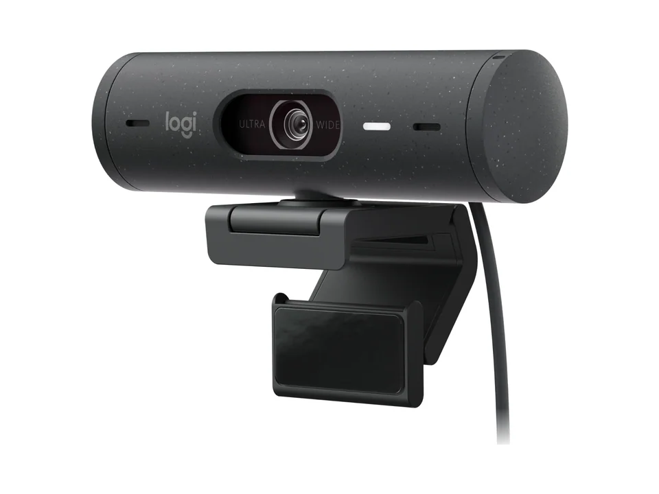 Graphite Logitech Brio 500 webcam on its monitor mount, front view