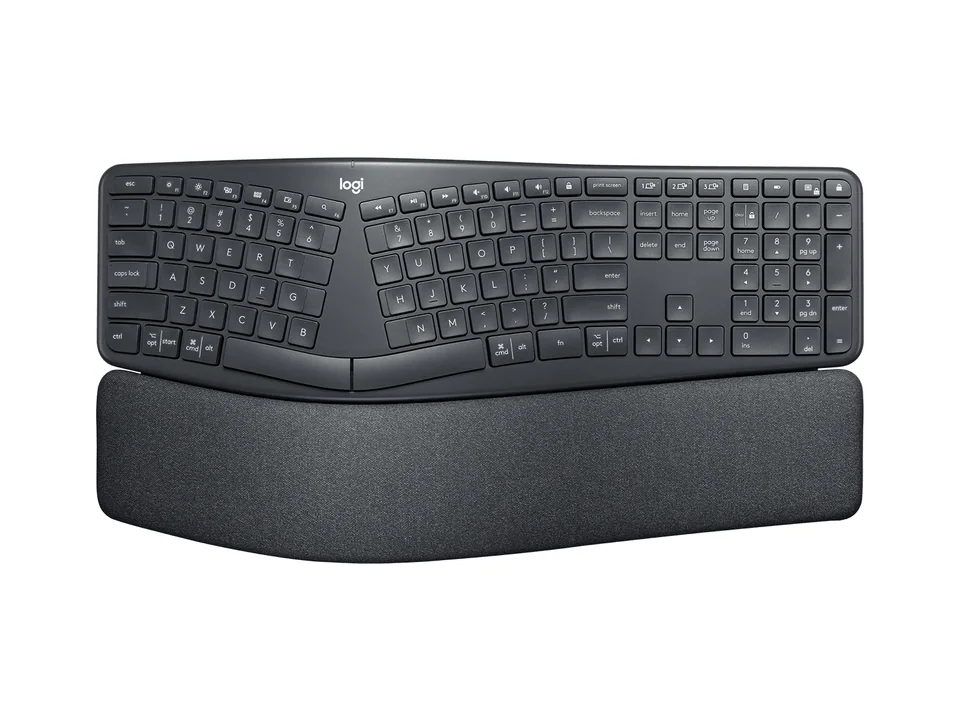 Teclado partido Logitech ERGO K860 en grafito con su reposamuñecas, vista superior sobre fondo blanco