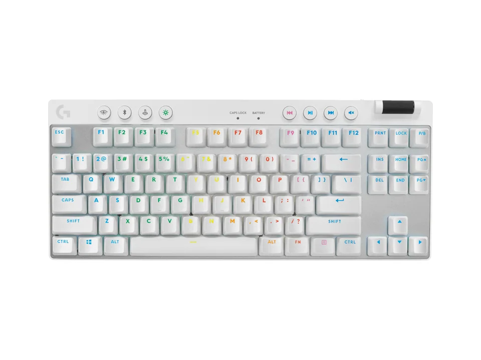 Logitech G PRO X TKL tenkeyless keyboard in white with RGB lighting, top view on a white background