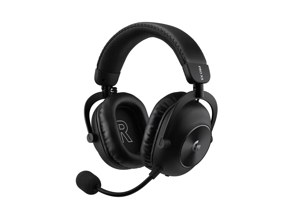 Schwarzes kabelloses Logitech G PRO X3 LIGHTSPEED Headset mit Bügelmikrofon, Dreiviertelansicht