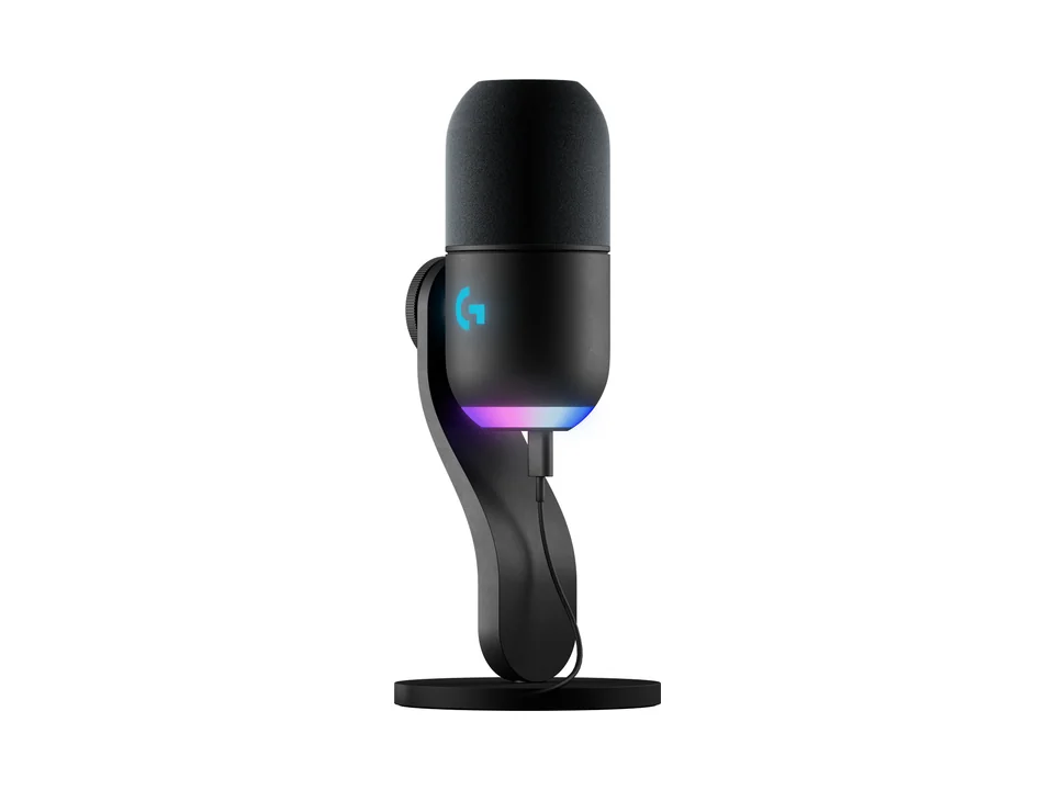 Micro dynamique Logitech G Yeti GX noir sur son pied de bureau avec éclairage RGB, vu de trois quarts
