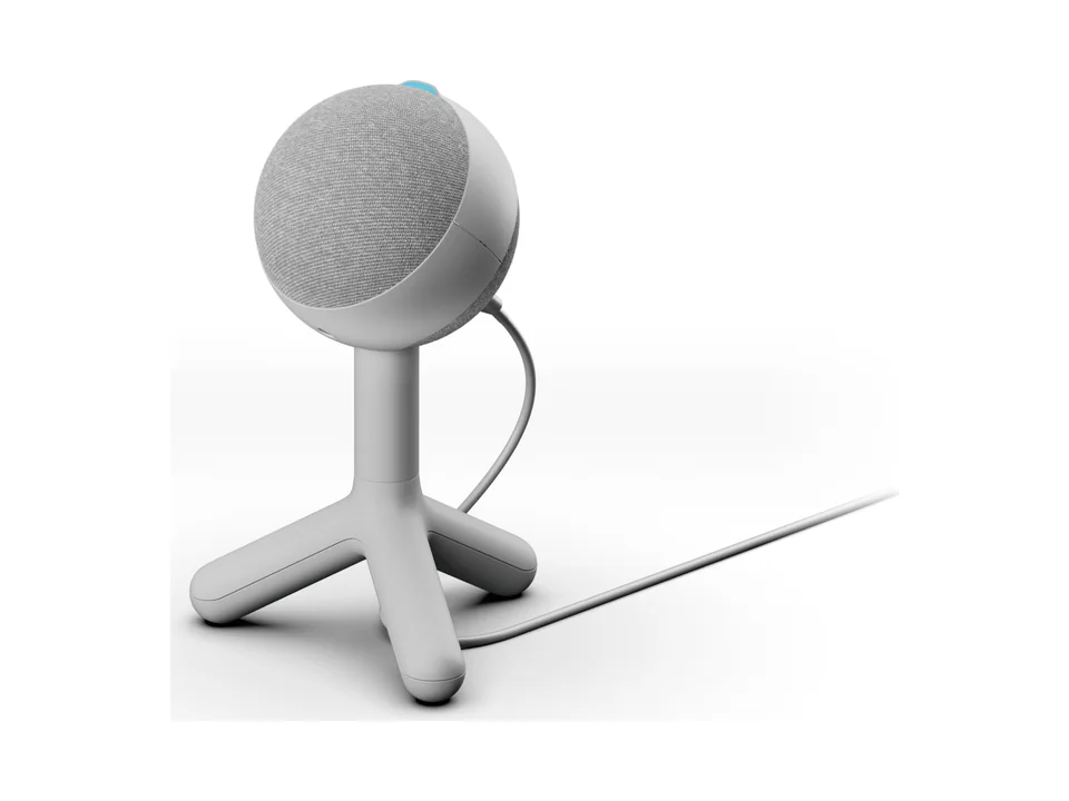 Off-white Logitech G Yeti Orb round USB microphone on its tripod stand