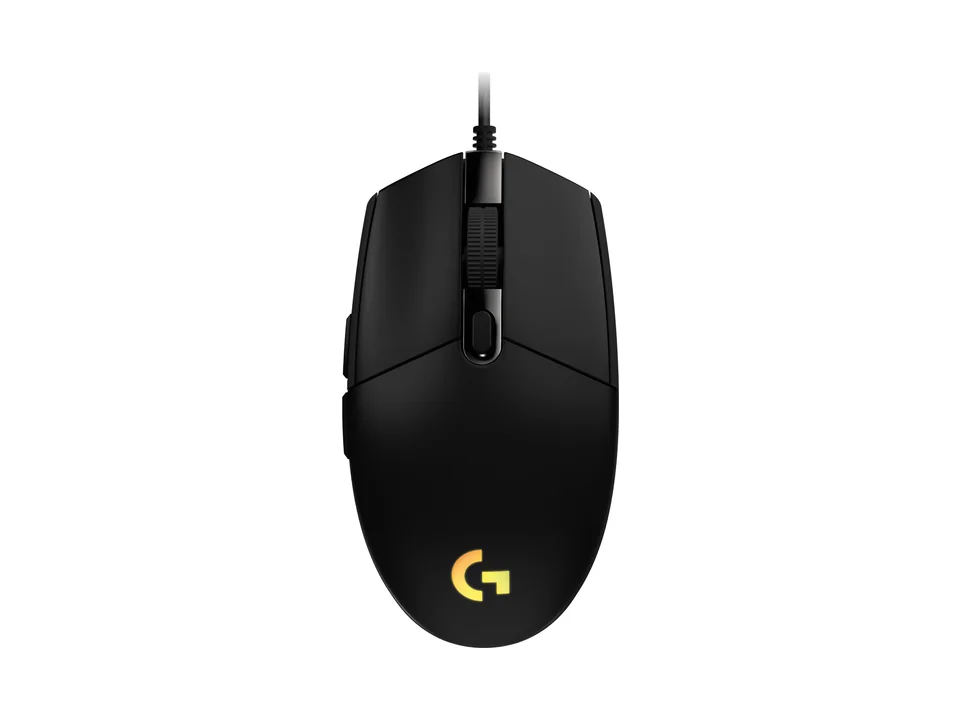 Souris gaming Logitech G203 LIGHTSYNC noire, vue de trois quarts sur fond blanc