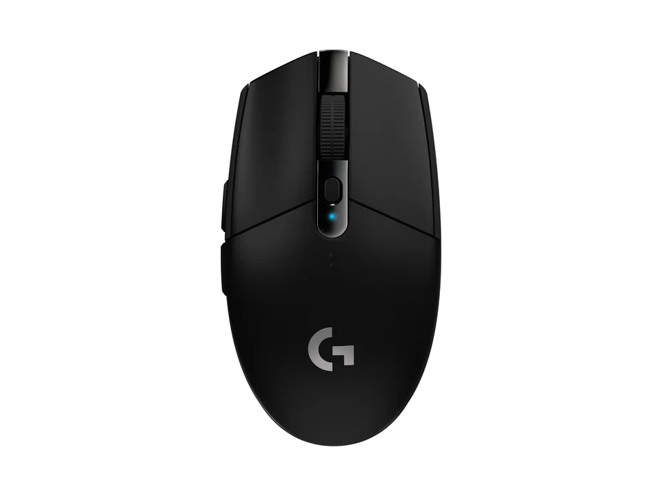 Logitech G305 LIGHTSPEED mouse in black, top view on a white background
