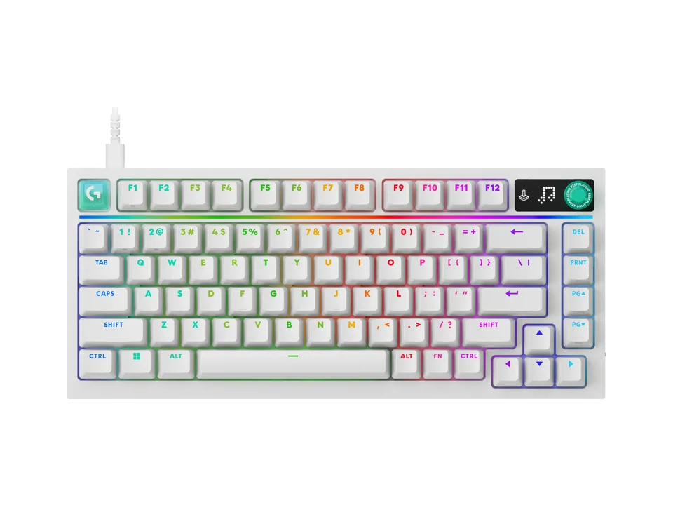 Logitech G316 X 75 keyboard in white with pastel RGB lighting, three-quarter top view on a transparent background
