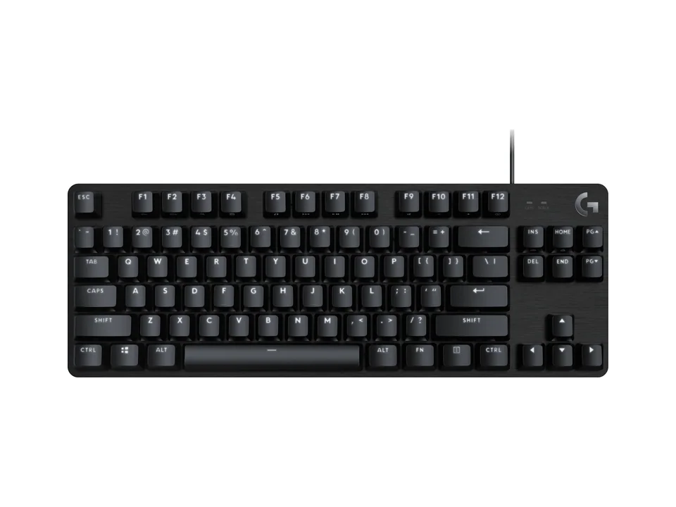 Logitech G413 TKL SE tenkeyless keyboard in black with white backlighting, angled top view on a white background